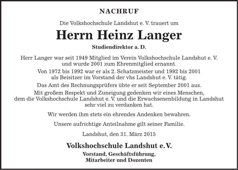 Traueranzeige Heinz Langer