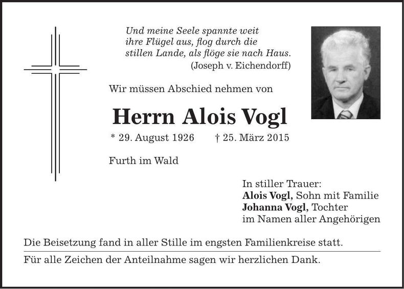 Traueranzeige Alois Vogl