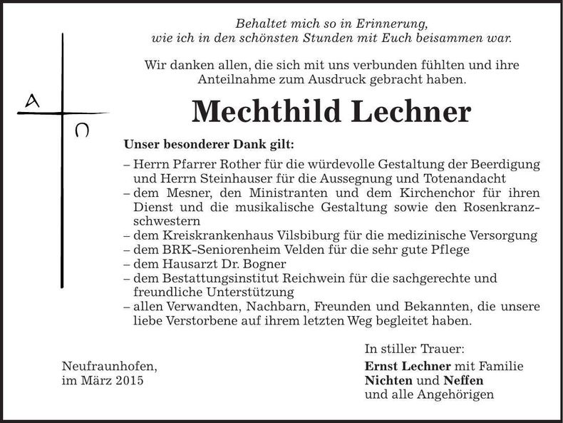 Traueranzeige Mechthild Lechner