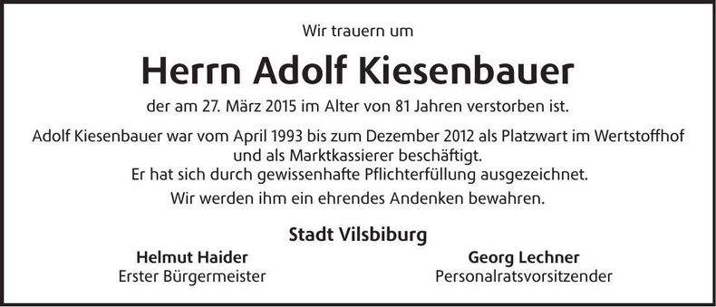 Traueranzeige Adolf Kiesenbauer