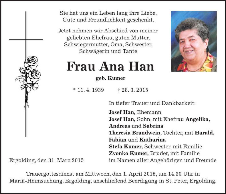 Traueranzeige Ana Han