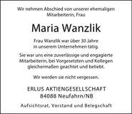 Traueranzeige Maria Wanzlik