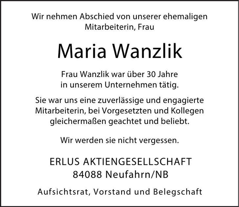 Traueranzeige Maria Wanzlik