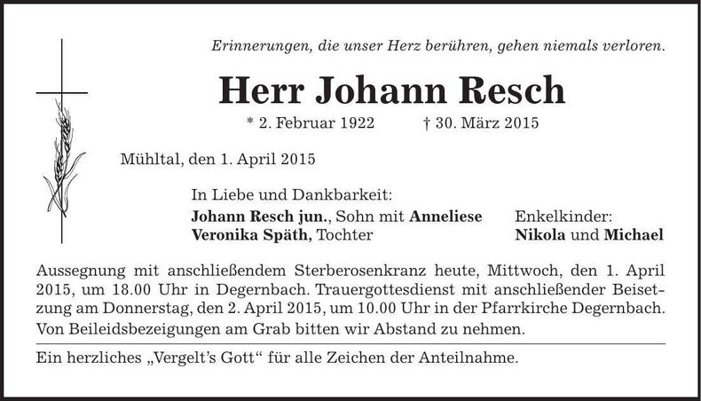 Traueranzeige Johann Resch