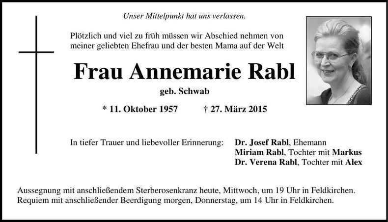 Traueranzeige Annemarie Rabl