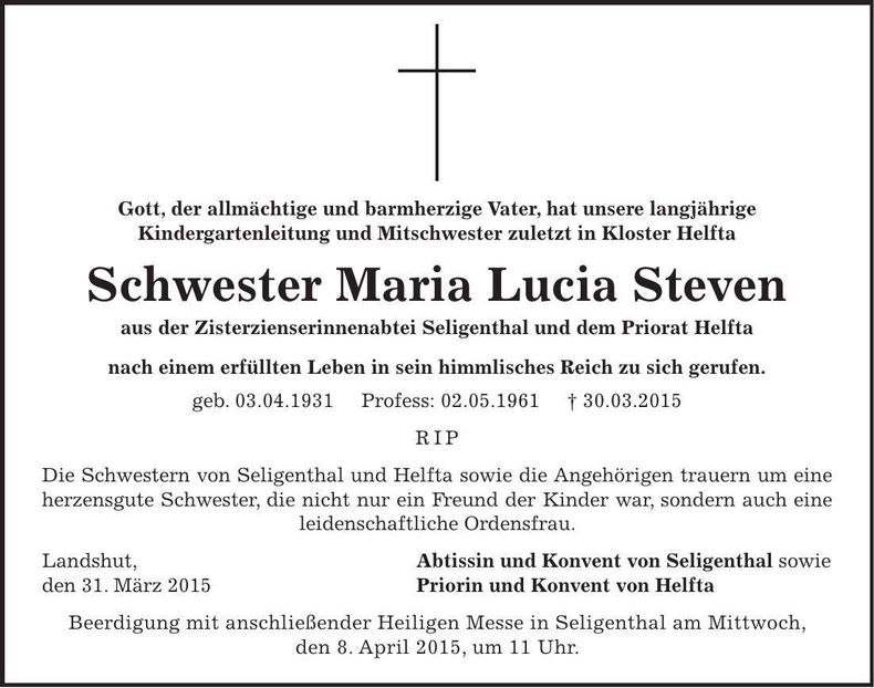 Traueranzeige Maria, Lucia Steven