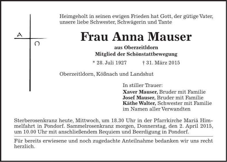 Traueranzeige Anna Mauser