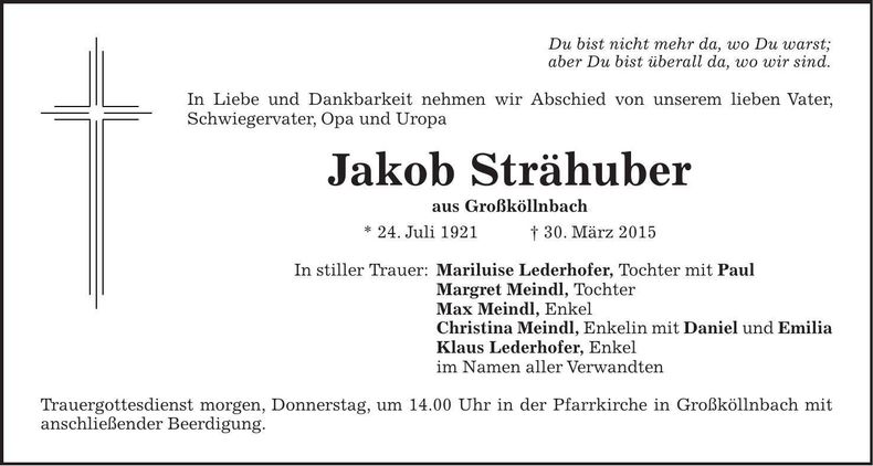 Traueranzeige Jakob Strähuber