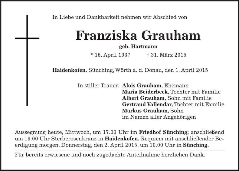 Traueranzeige Franziska Grauham