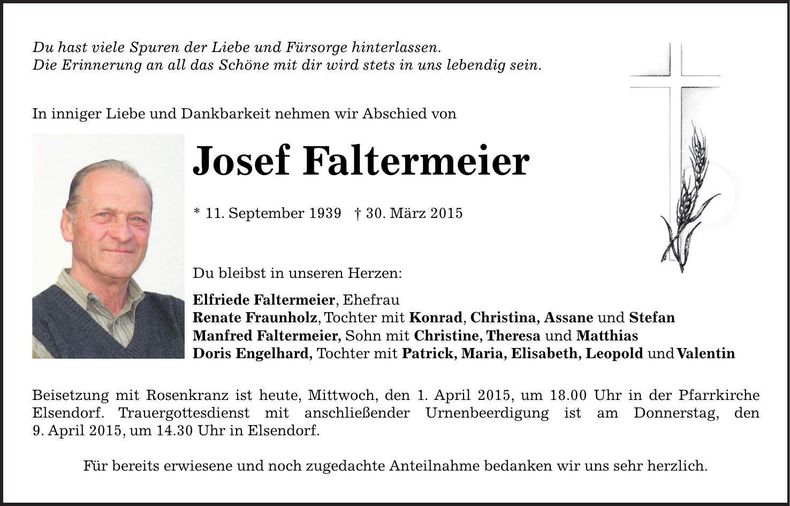 Traueranzeige Josef Faltermeier