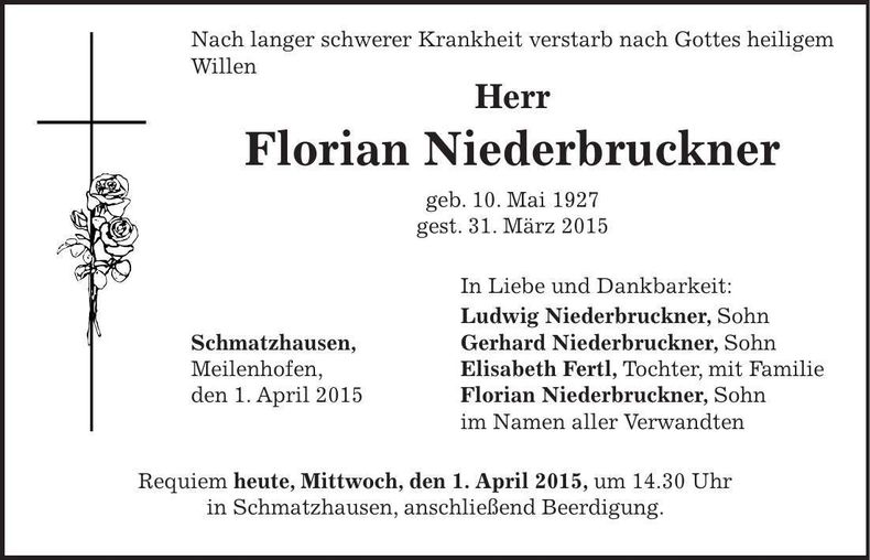 Traueranzeige Florian Niederbruckner