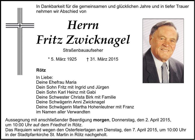 Traueranzeige Fritz Zwicknagel