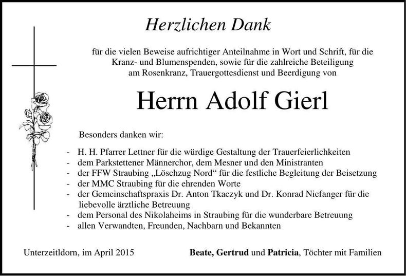 Traueranzeige Adolf Gierl