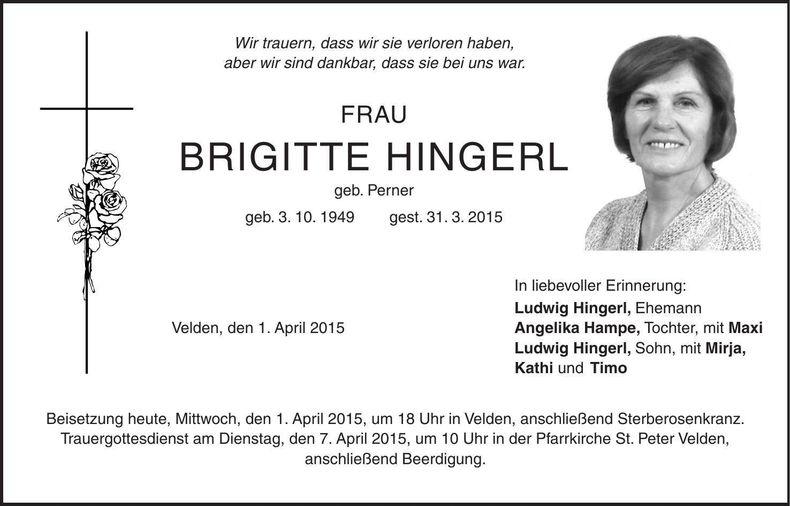 Traueranzeige Brigitte Hingerl