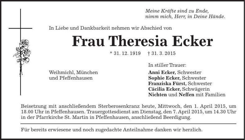 Traueranzeige Theresia Ecker