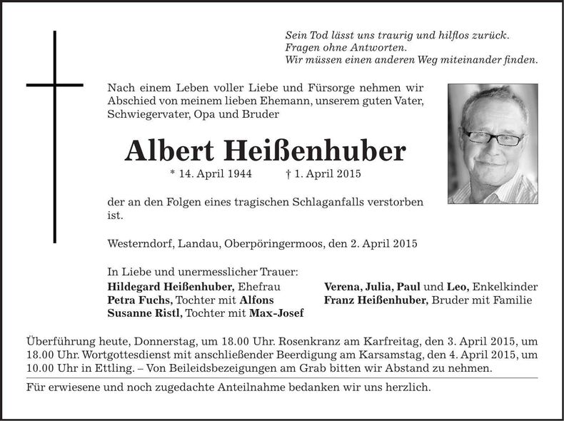 Traueranzeige Albert Heißenhuber