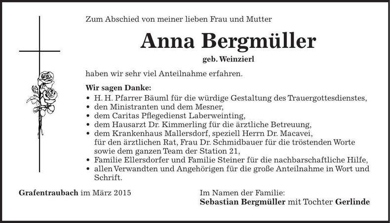 Traueranzeige Anna Bergmüller