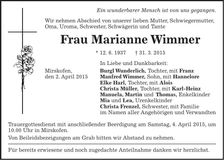 Traueranzeige Marianne Wimmer