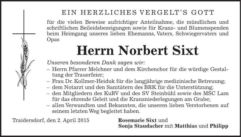 Traueranzeige Norbert Sixt