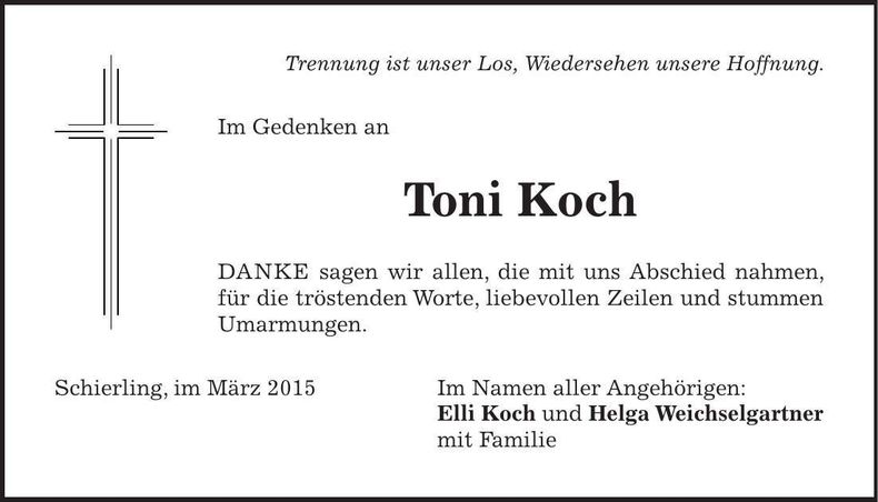 Traueranzeige Toni Koch