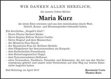 Traueranzeige Maria Kurz