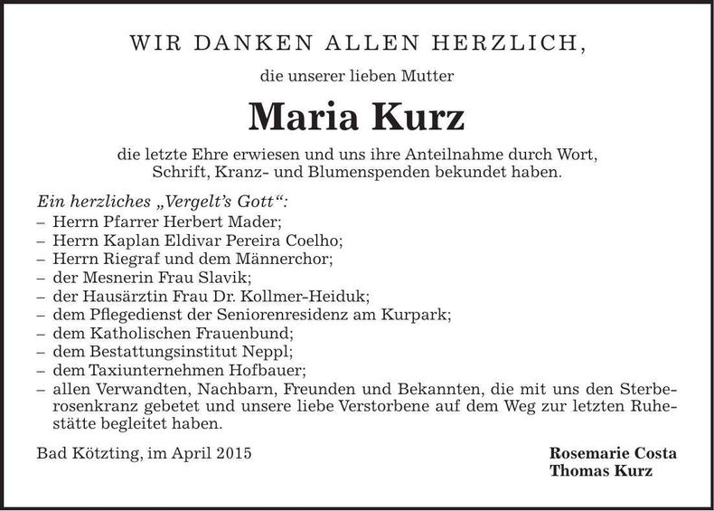 Traueranzeige Maria Kurz