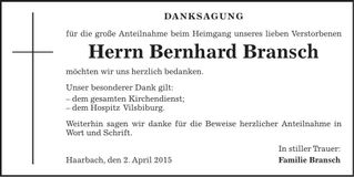 Traueranzeige Bernhard Bransch