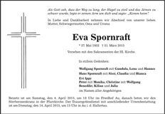 Traueranzeige Eva Spornraft
