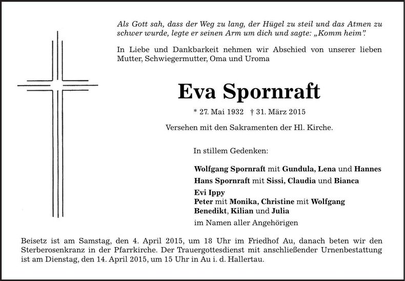 Traueranzeige Eva Spornraft