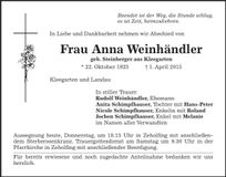 Traueranzeige Anna Weinhändler