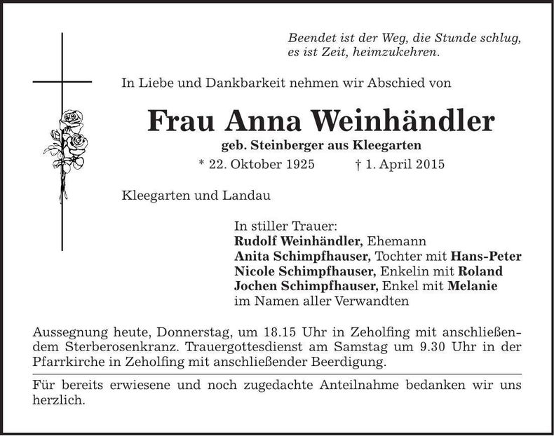 Traueranzeige Anna Weinhändler