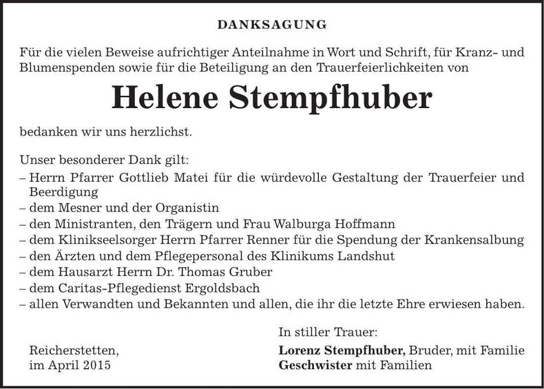 Traueranzeige Helene Stempfhuber