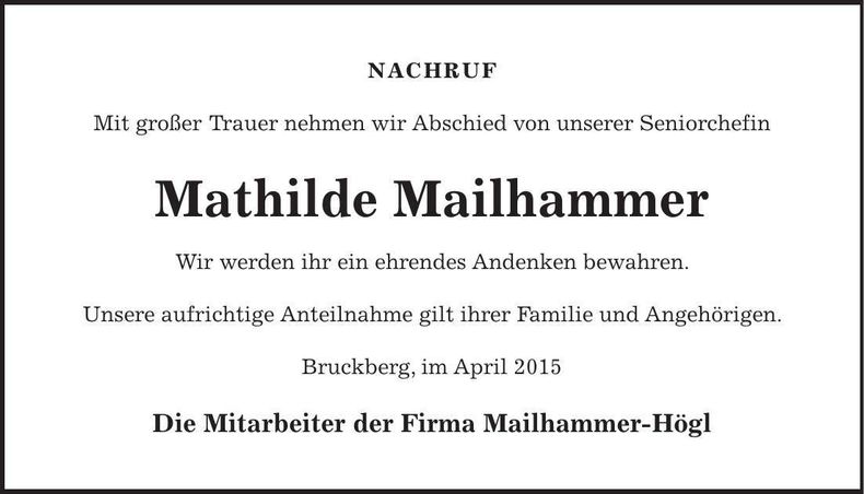 Traueranzeige Mathilde Mailhammer