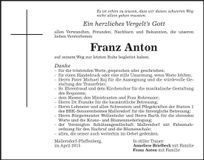 Traueranzeige Franz Anton