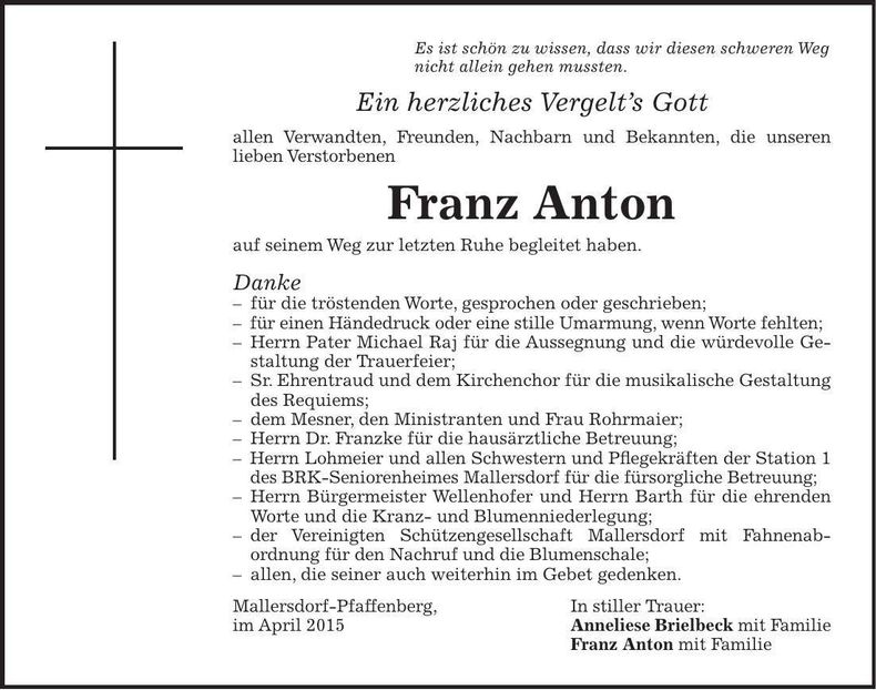 Traueranzeige Franz Anton