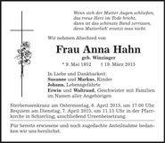 Traueranzeige Anna Hahn
