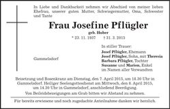 Traueranzeige Josefine Pflügler