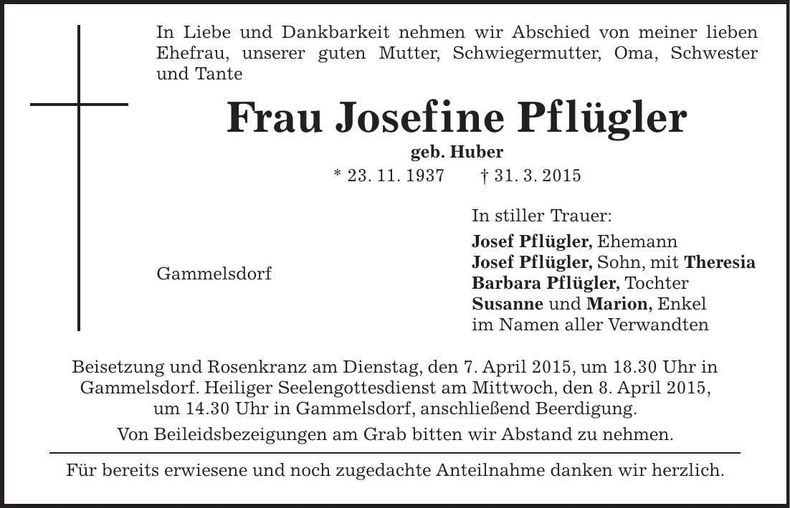 Traueranzeige Josefine Pflügler