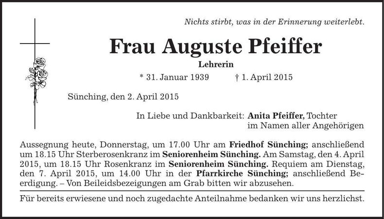 Traueranzeige Auguste Pfeiffer