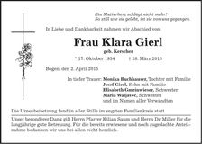 Traueranzeige Klara Gierl