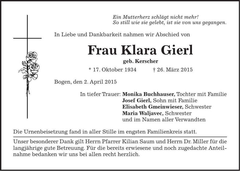 Traueranzeige Klara Gierl