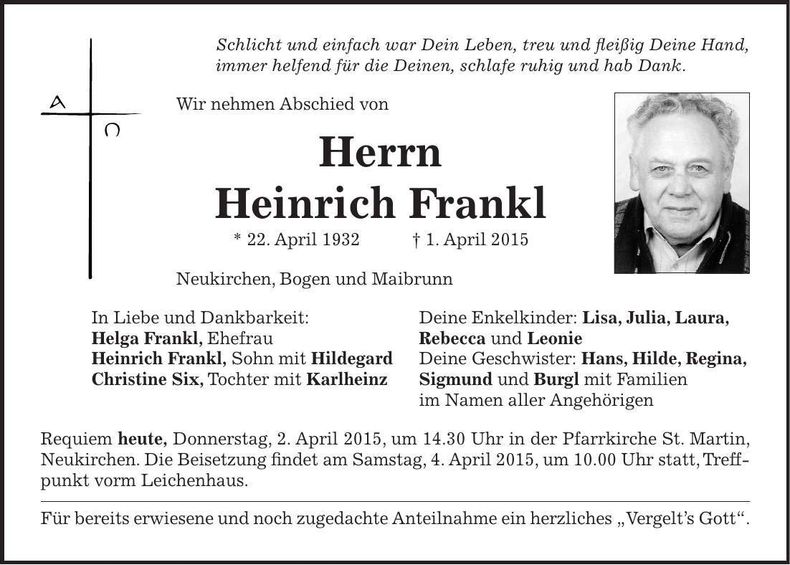 Traueranzeige Heinrich Frankl