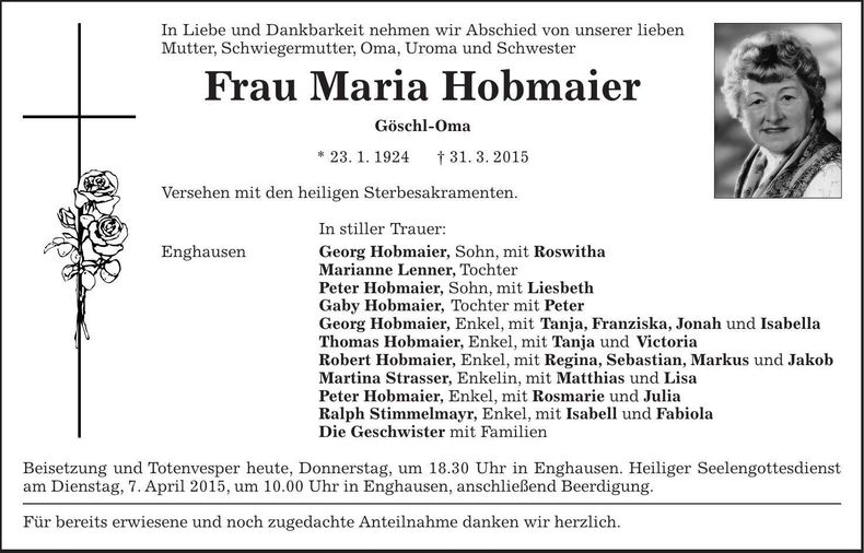 Traueranzeige Maria Hogmaier