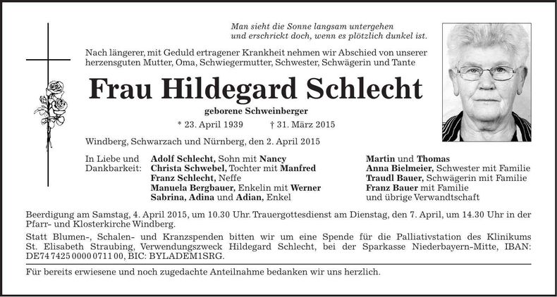 Traueranzeige Hildegard Schlecht