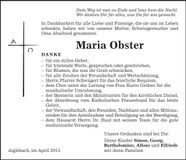 Traueranzeige Maria Obster