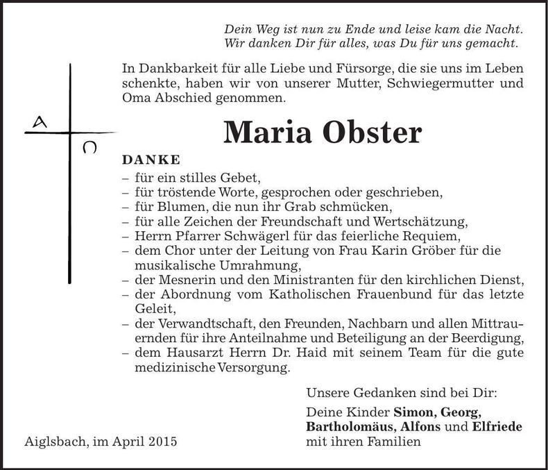 Traueranzeige Maria Obster