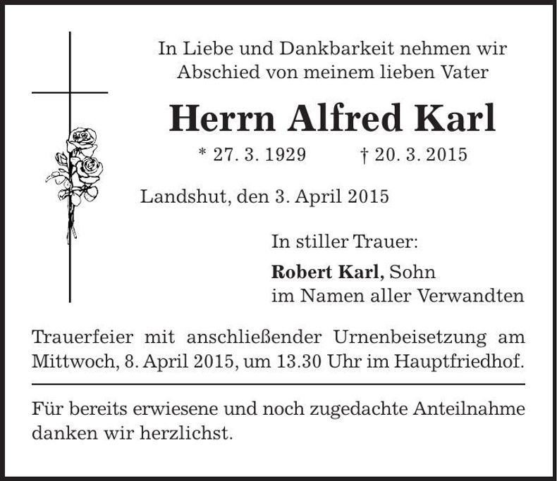 Traueranzeige Alfred Karl