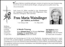 Traueranzeige Maria Waindinger