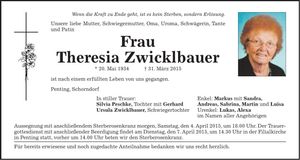 Traueranzeige Theresia Zwicklbauer