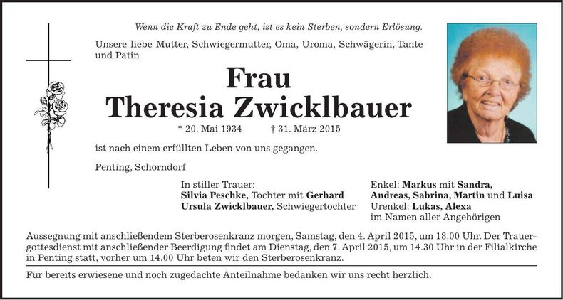Traueranzeige Theresia Zwicklbauer
